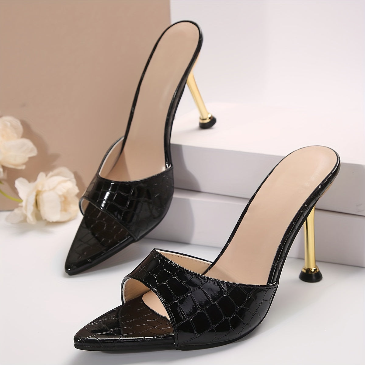 Women's Crocodile Pattern Thin High Heels, Pointy Peep Toe Slip On Stiletto Sandals, Fashionable Party & Banquet Shoes