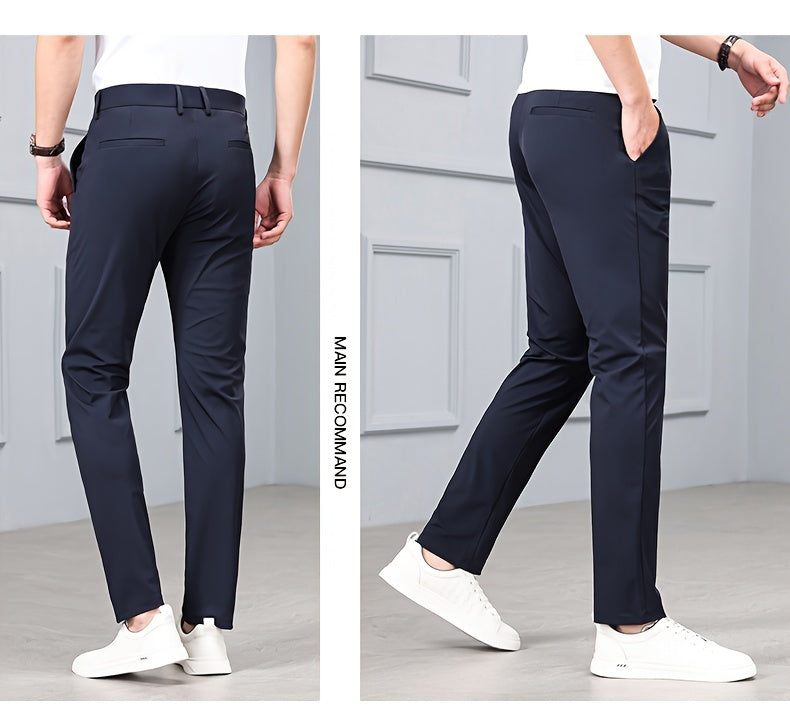 Men's Solid Dress Pants With Pockets, Casual Skinny High Stretch Trousers For Outdoor, Old Money Style