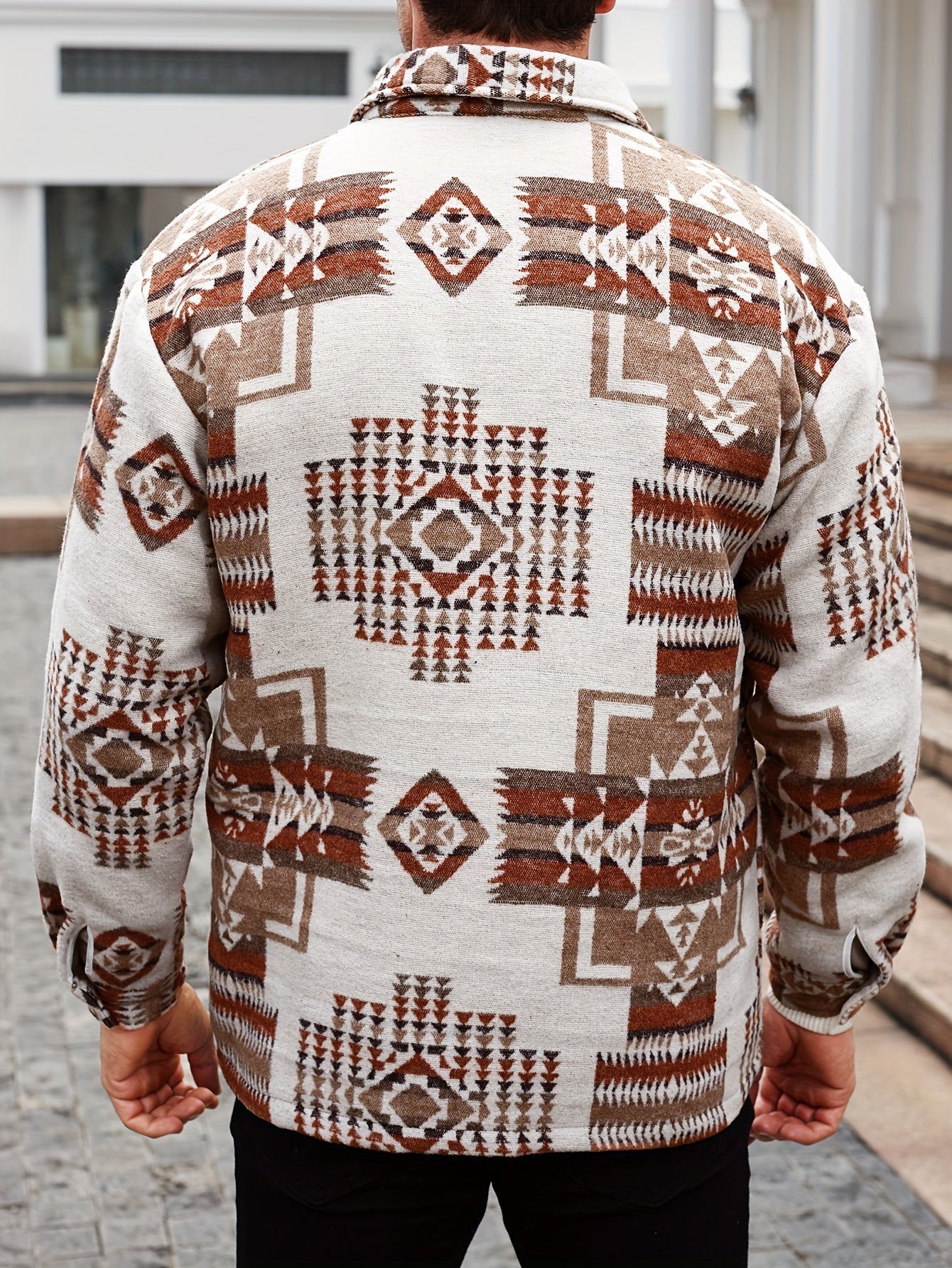 Men's Ethnic Geometric Pattern Long Sleeve Shirt For Winter And Fall, Loose Fit Casual Comfy Shirt As Gift