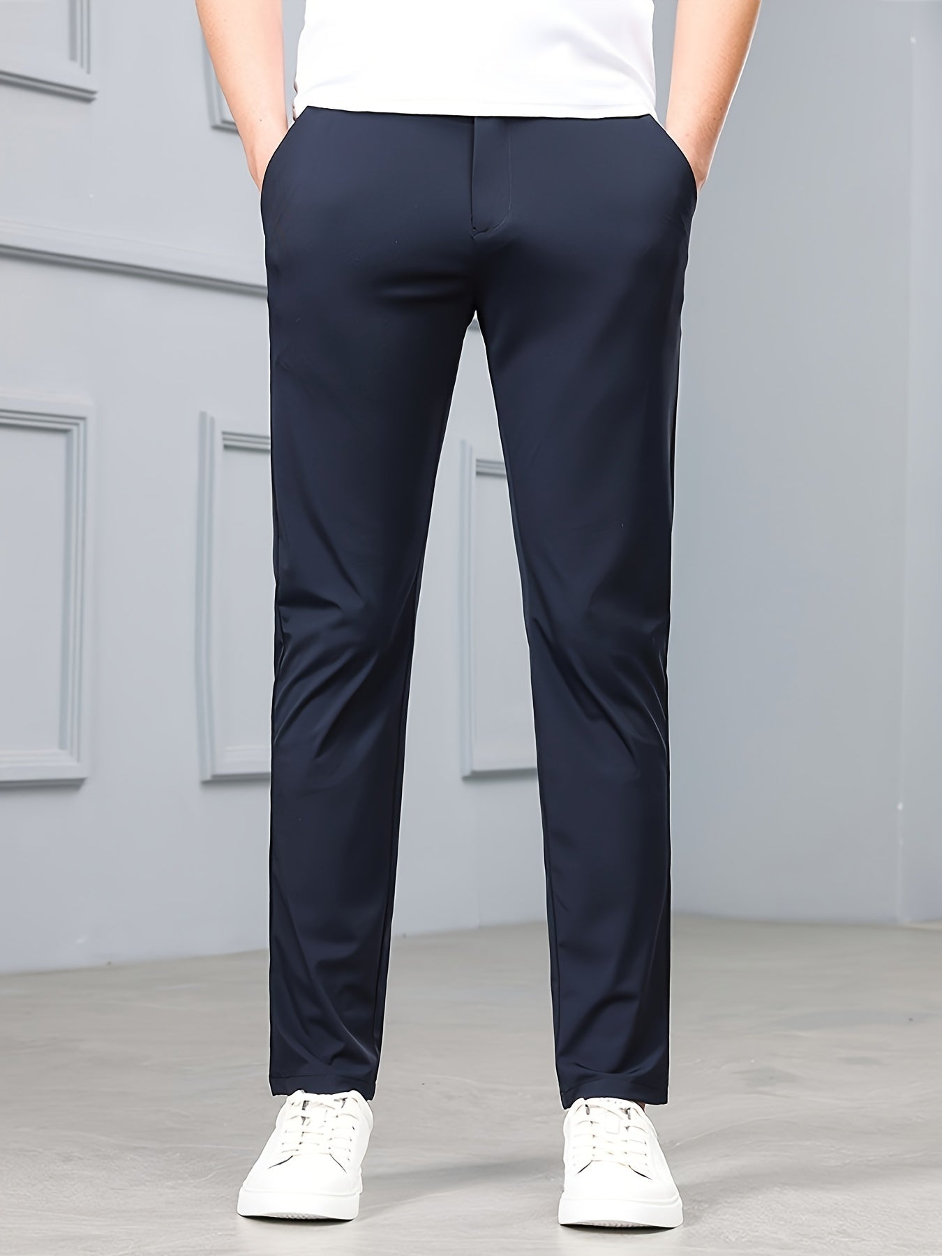 Men's Solid Dress Pants With Pockets, Casual Skinny High Stretch Trousers For Outdoor, Old Money Style