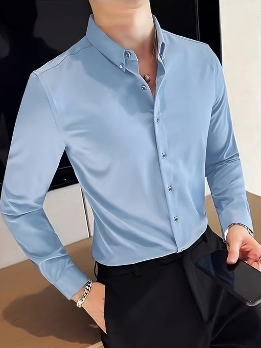 Men's Solid Long Sleeve And Button Down Lapel Shirt With Breathable Fabric, Casual And Chic For Business And Formal Occasions