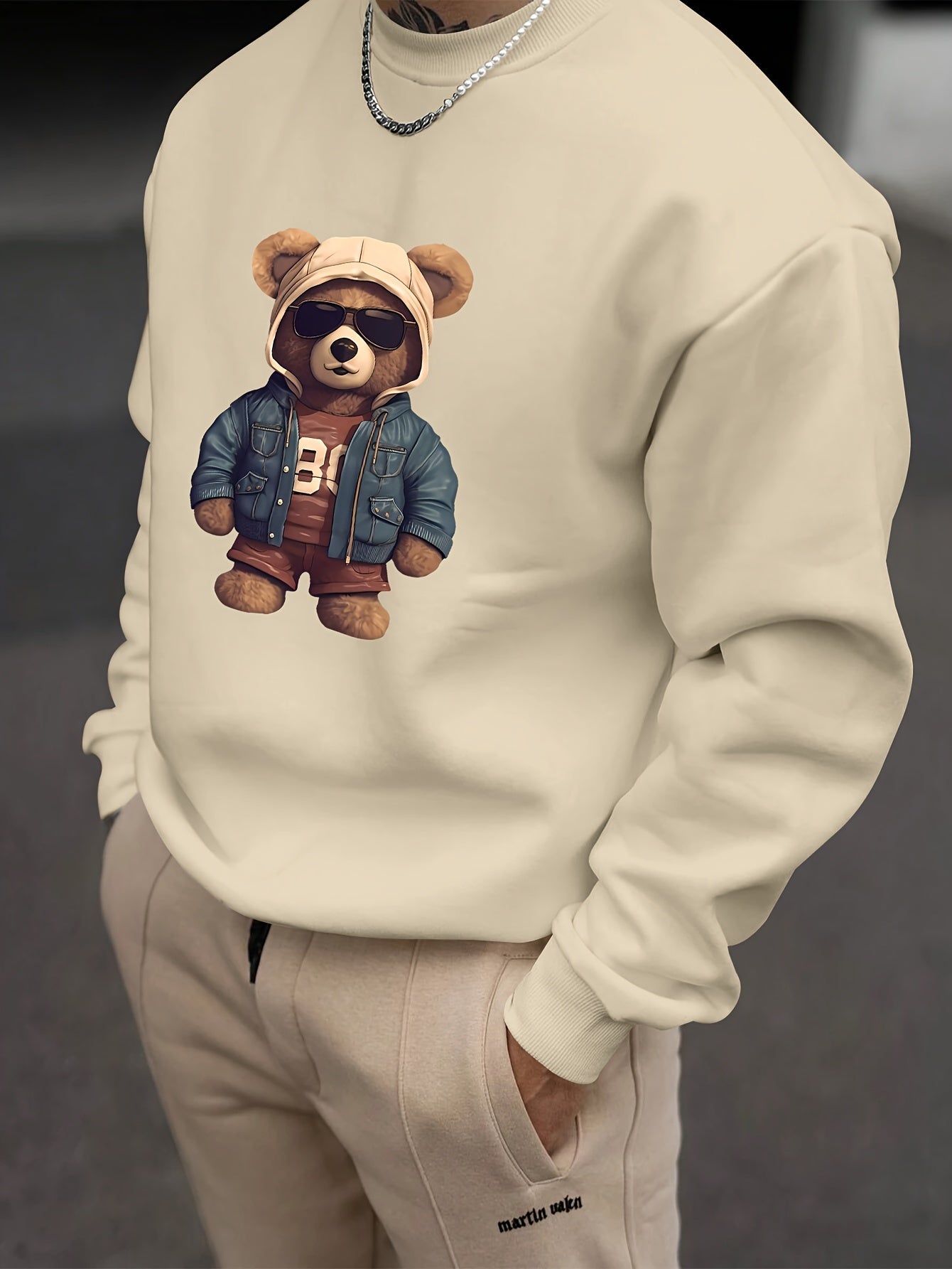 Men's Fashion Creative Design Teddy Bear Print Long Sleeve Loose Fit Crew Neck Sweatshirt, Casual Polyester Knit Athletic Commuter Hoodie, Animal Pattern, Stretch Fabric, Relaxed Fit