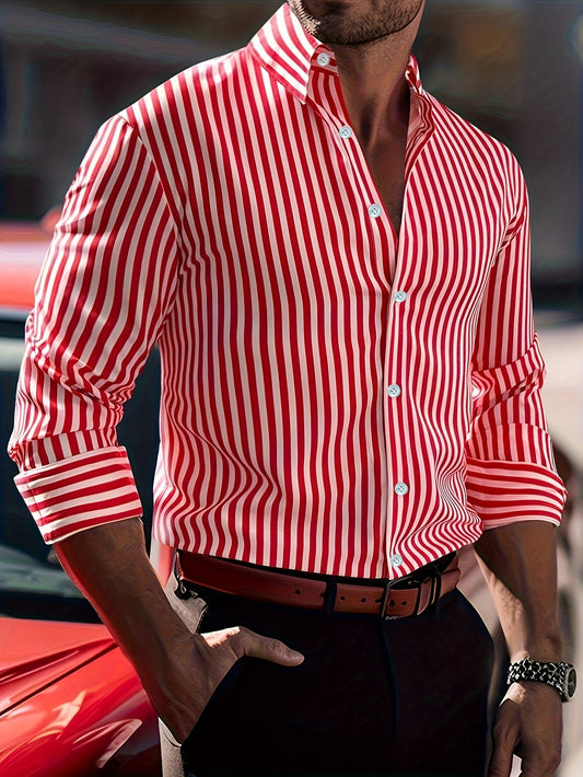 Men's Striped Print Casual Long Sleeve Button-Down Shirt - C22