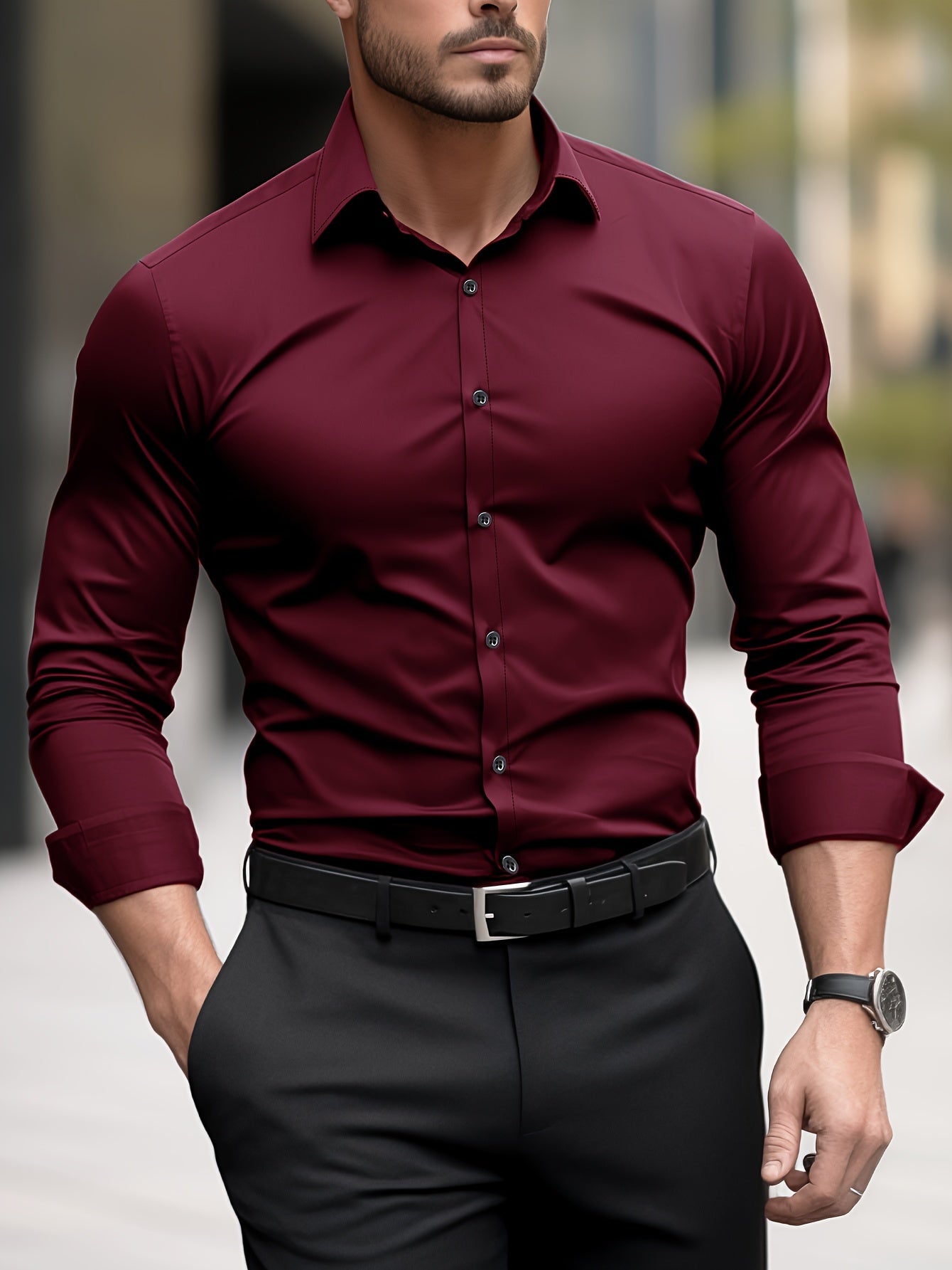 Men's Solid Color Lapel Collar Design Dress Shirts, Long Sleeve Casual Button Up Shirt For Formal Occasions