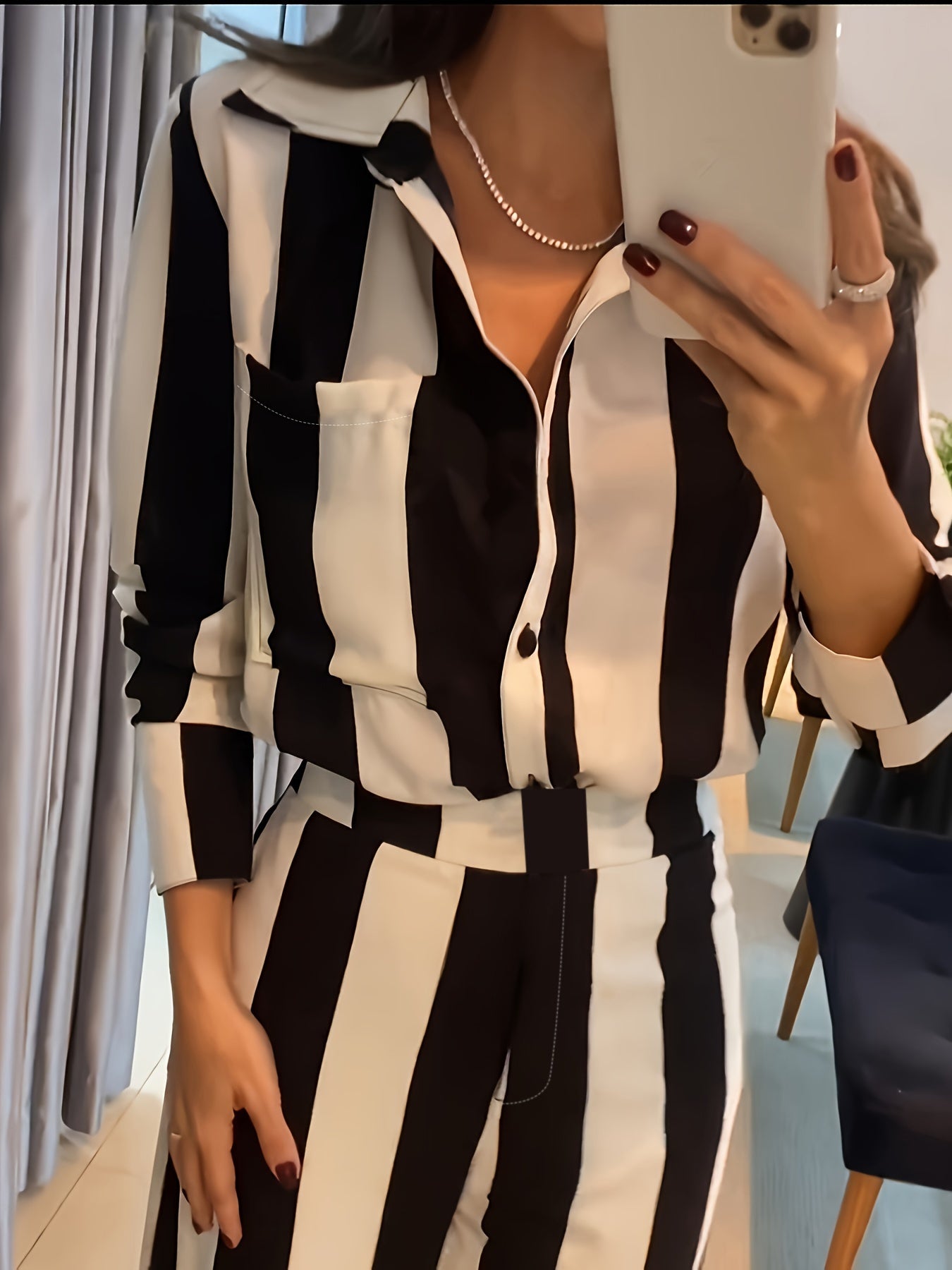 Women's Elegant Striped Shirt and Wide-Leg Pants Set, Polyester, Button-Down, Regular Sleeve, Long Sleeve, Spring/Summer Collection, H-Fit, Solid Color