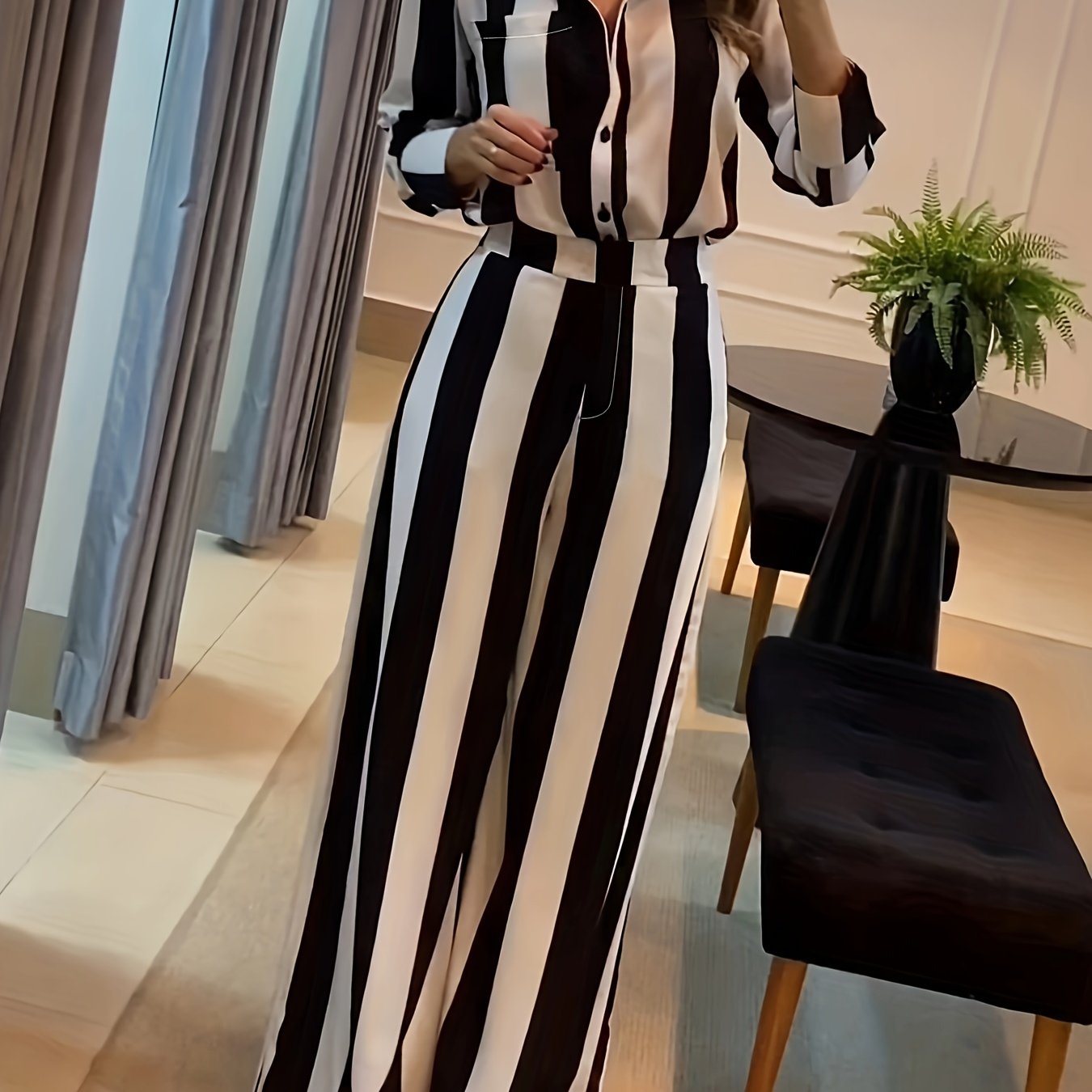 Women's Elegant Striped Shirt and Wide-Leg Pants Set, Polyester, Button-Down, Regular Sleeve, Long Sleeve, Spring/Summer Collection, H-Fit, Solid Color