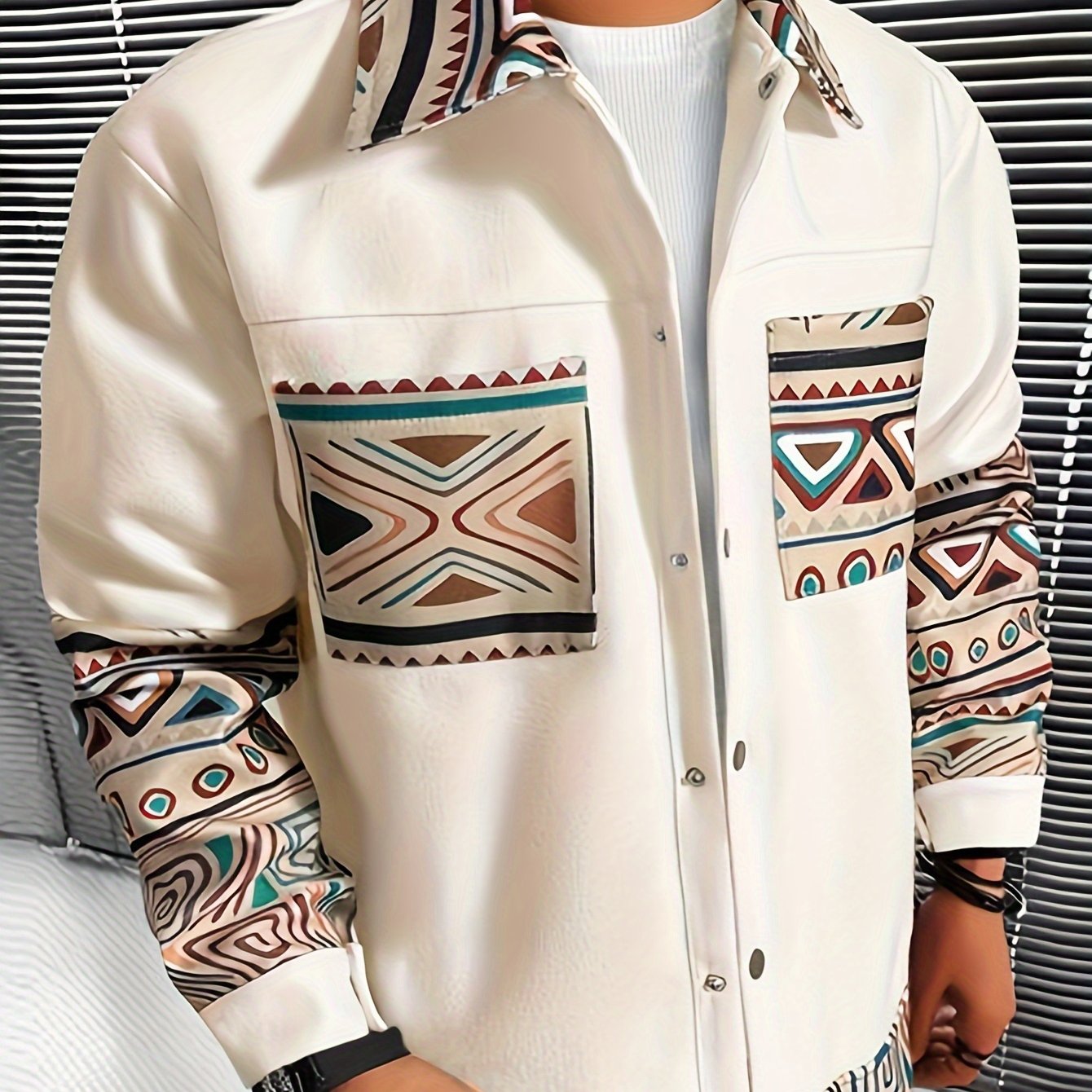 Men's Classic Fashion, Classic And Ethnic Style Geometric Graffiti Print Long Sleeve Button Up Lapel Shirt With Chest Pockets, Male's Leisure Top For Daily And Casual Wear