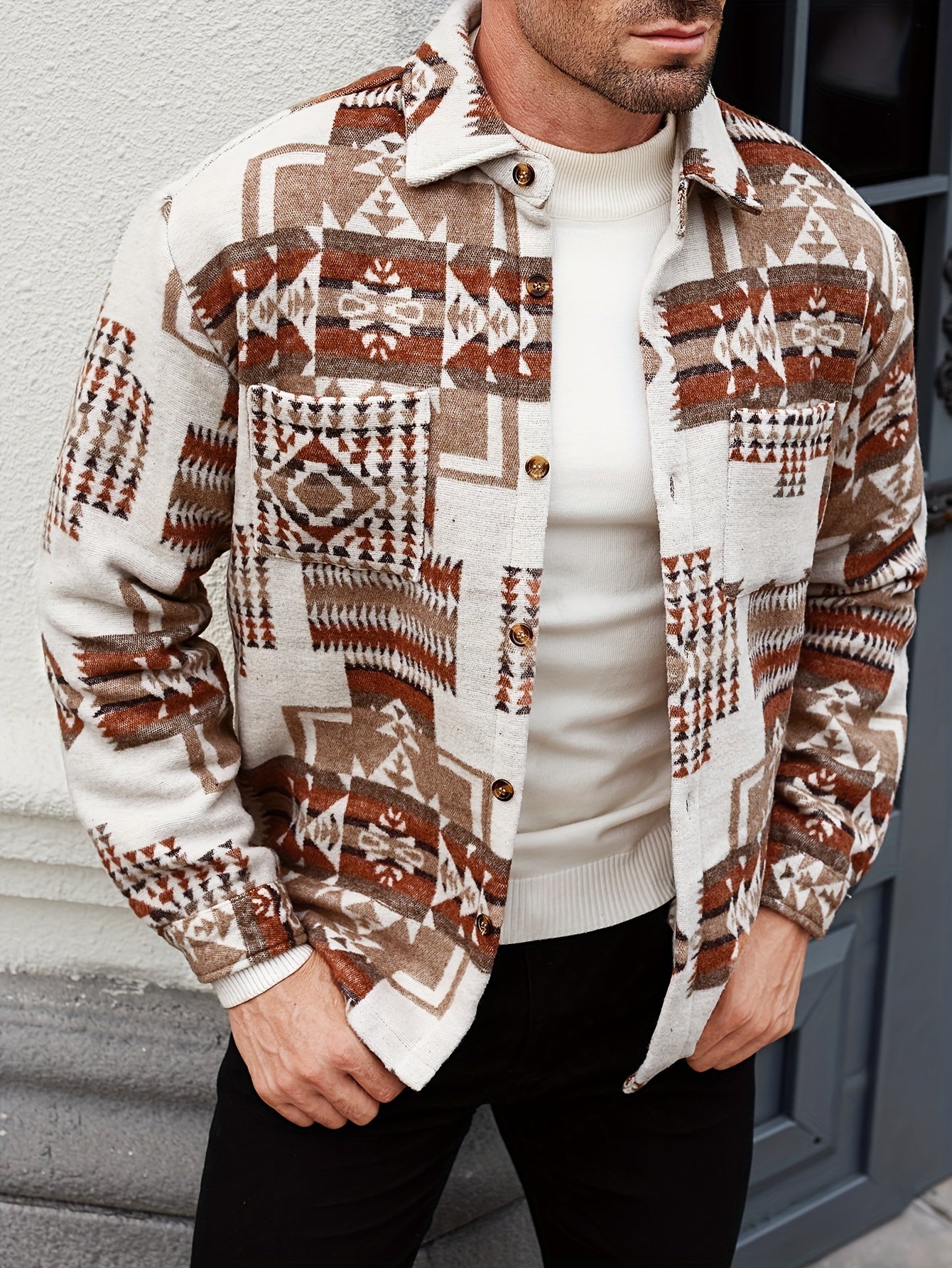 Men's Ethnic Geometric Pattern Long Sleeve Shirt For Winter And Fall, Loose Fit Casual Comfy Shirt As Gift