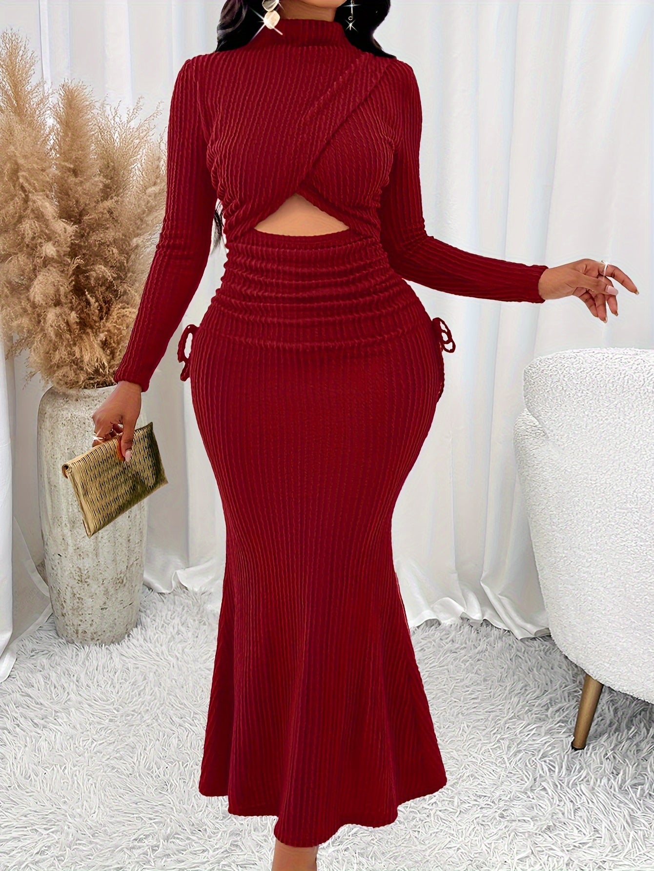 Elegant Women's Mermaid Dress with Cut-Out Detail - Long Sleeve, High Neck, Bodycon Fit for Parties & Banquets