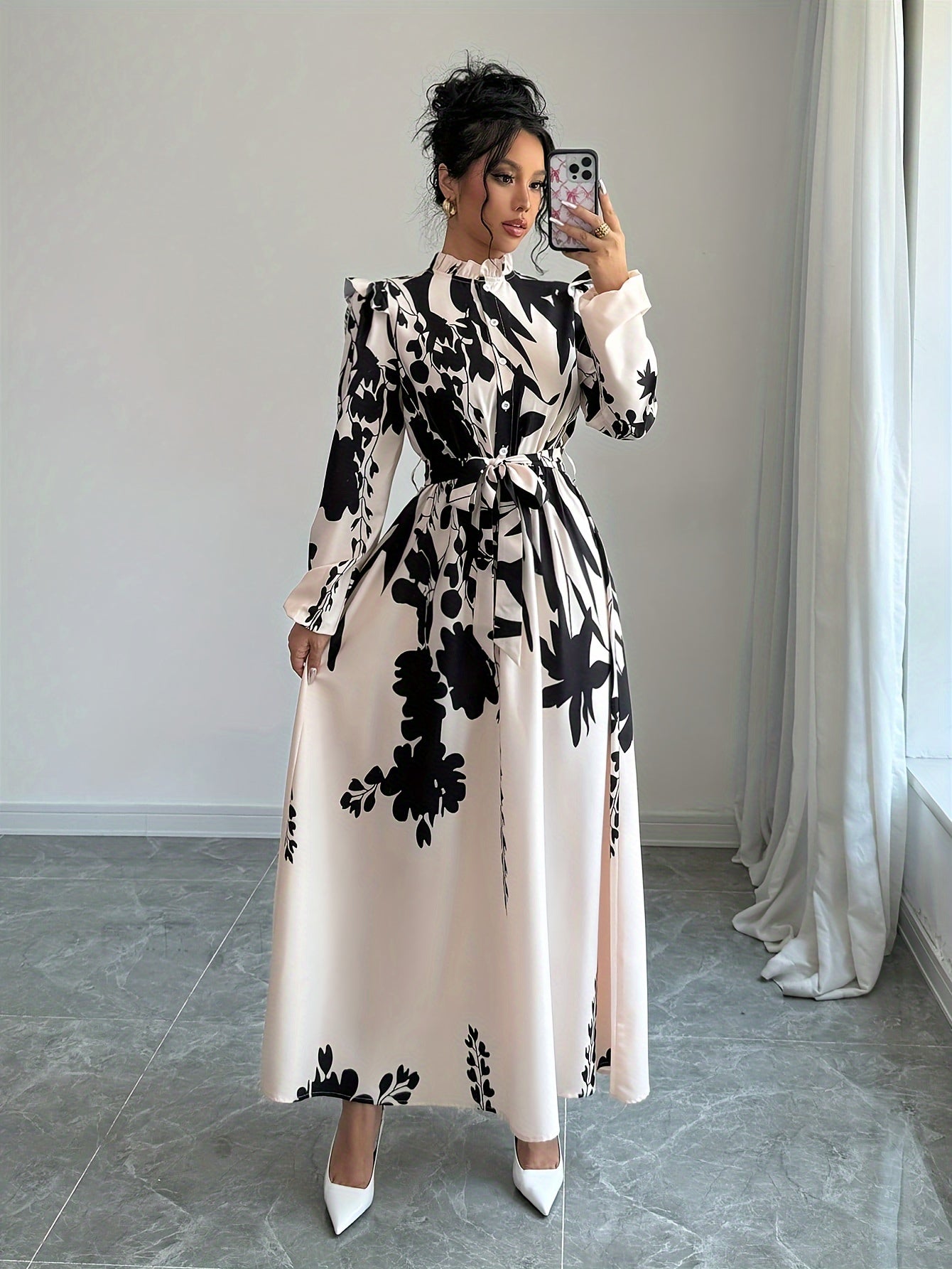 Elegant Women's Long Sleeve Dress with Print, Polyester, Button Detail, Small Stand Collar, Waist Belt, Woven Fabric, Long Skirt - Fashionable Spring/Summer/Autumn Collection