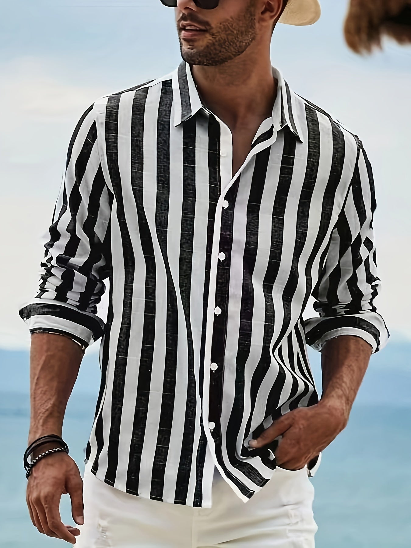 Men's Stylish Striped Long Sleeve Lapel Shirt For Spring And Fall, Casual Comfy Trendy Shirt As Gift