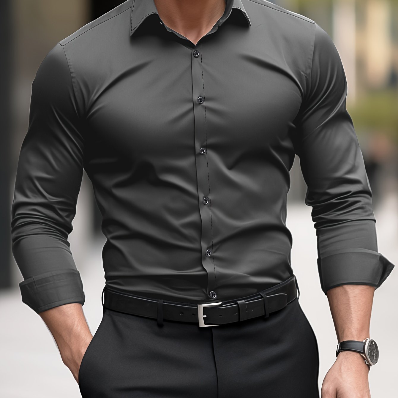 Men's Solid Color Lapel Collar Design Dress Shirts, Long Sleeve Casual Button Up Shirt For Formal Occasions