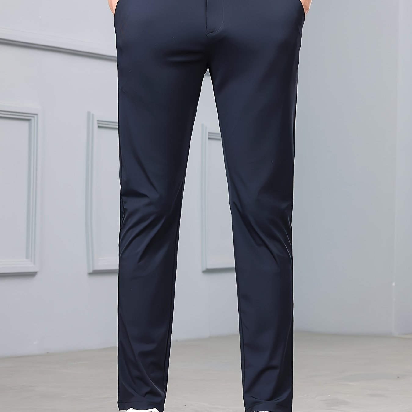 Men's Solid Dress Pants With Pockets, Casual Skinny High Stretch Trousers For Outdoor, Old Money Style